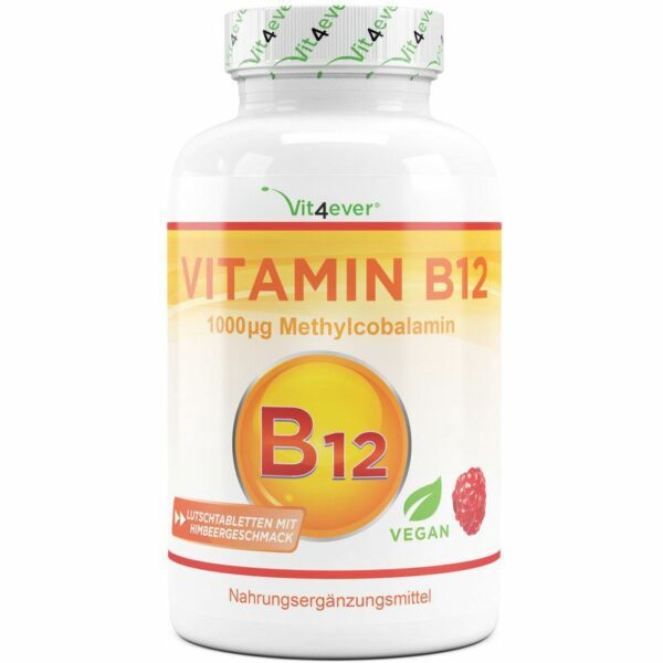 Vit4ever Vitamin B12 1000 mcg - Aktives B12 Methylcobalamin - 365 Lutschtabletten Himbeer