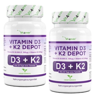 Vit4ever Vitamin D3 20.000 I.E. 500 µg + K2 200 µg 100 Tabletten 2er Set
