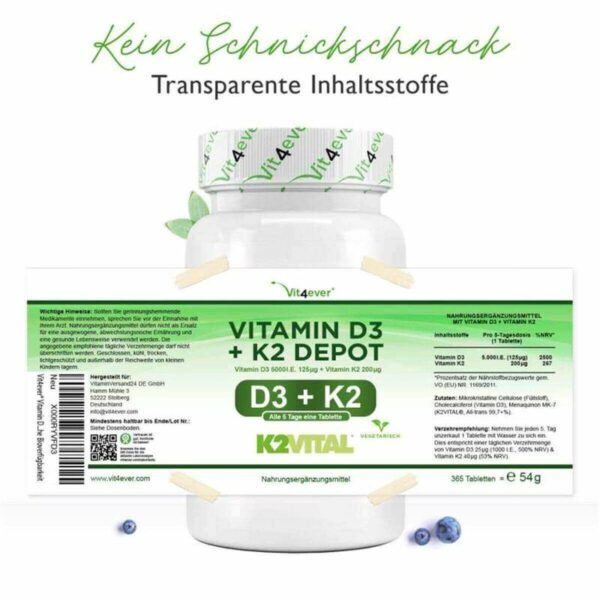 Vit4ever Vitamin D3 5000 I.E. 125 µg + K2 100 µg 365 Tabletten