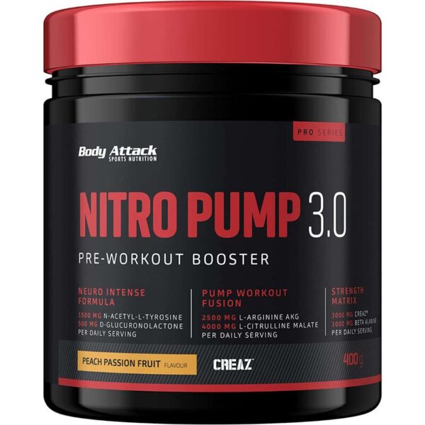 MHD 02/2025 Body Attack Nitro Pump 3.0 400g Pfirsich Passionsfrucht