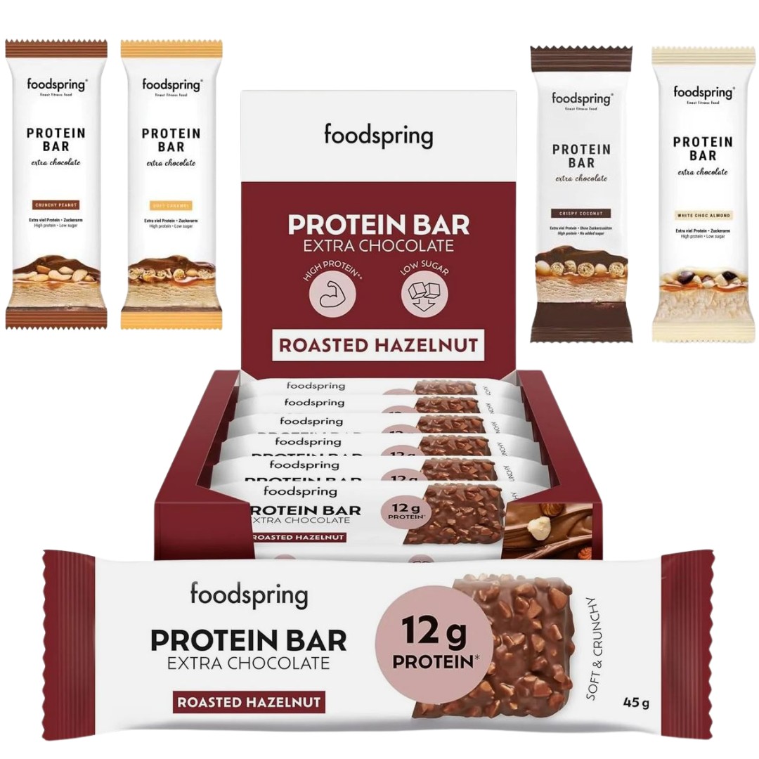 Foodspring Protein Bar Extra Chocolate - 12 x 45g im Karton Soft Caramel (MHD: 06/26)