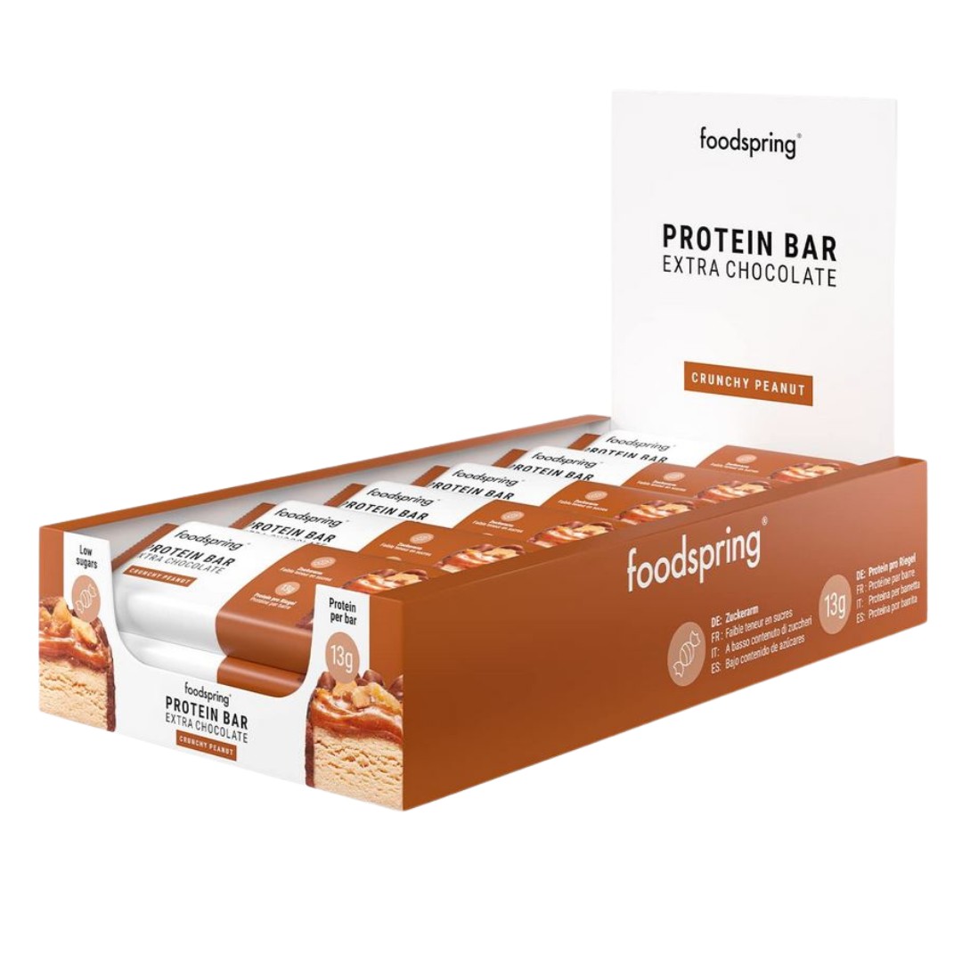 Foodspring Protein Bar Extra Chocolate - 12 x 45g im Karton Crunchy Peanut (MHD: 05/26)