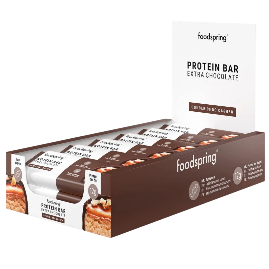 Foodspring Protein Bar Extra Chocolate - 12 x 45g im Karton Double Chocolate Cashew (MHD: 05/26)