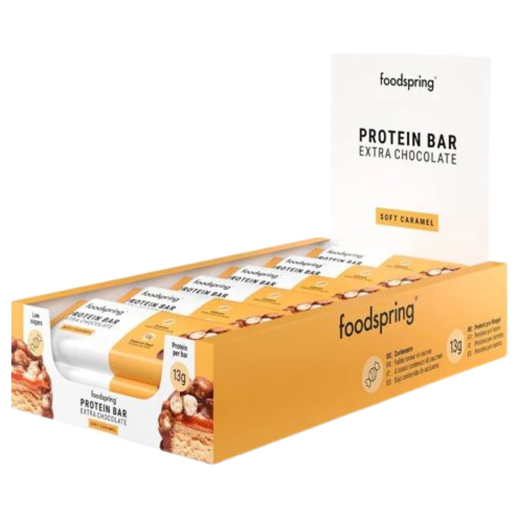 Foodspring Protein Bar Extra Chocolate - 12 x 45g im Karton White Chocolate Almond (MHD: 06/26)
