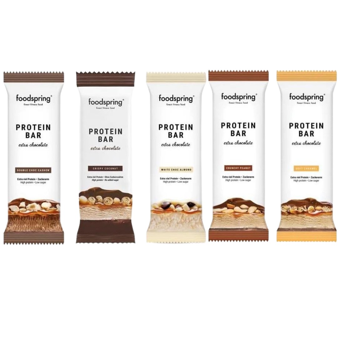 Foodspring Protein Bar Extra Chocolate - 12 x 45g im Karton Chocolate Mix (MHD: 02/26)