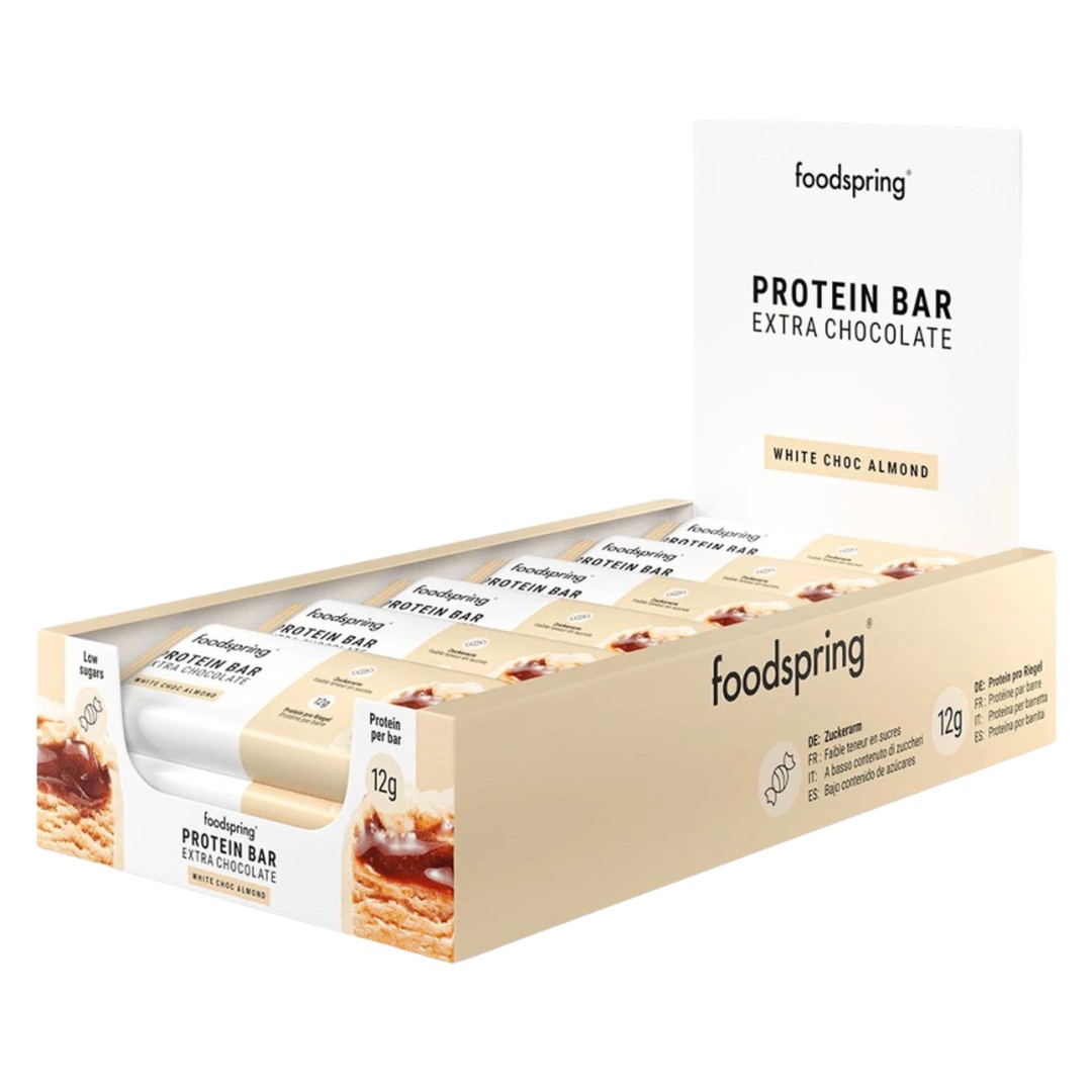 Foodspring Protein Bar Extra Chocolate - 12 x 45g im Karton White Chocolate Almond (MHD: 06/25)