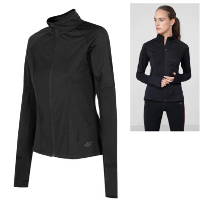 4F - Damen Sport Fitnessjacke, Laufjacke mit Daumenloch, schwarz