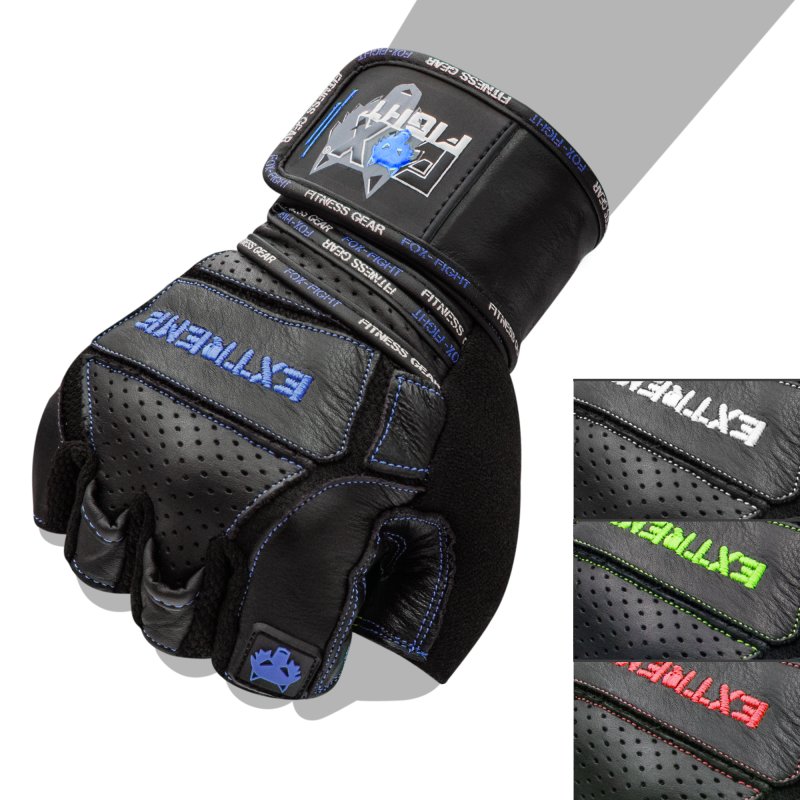 FOX-FIGHT EXTREME BLUE Fitness- Kraftsporthandschuhe aus echtem Leder M - schwarz/blau