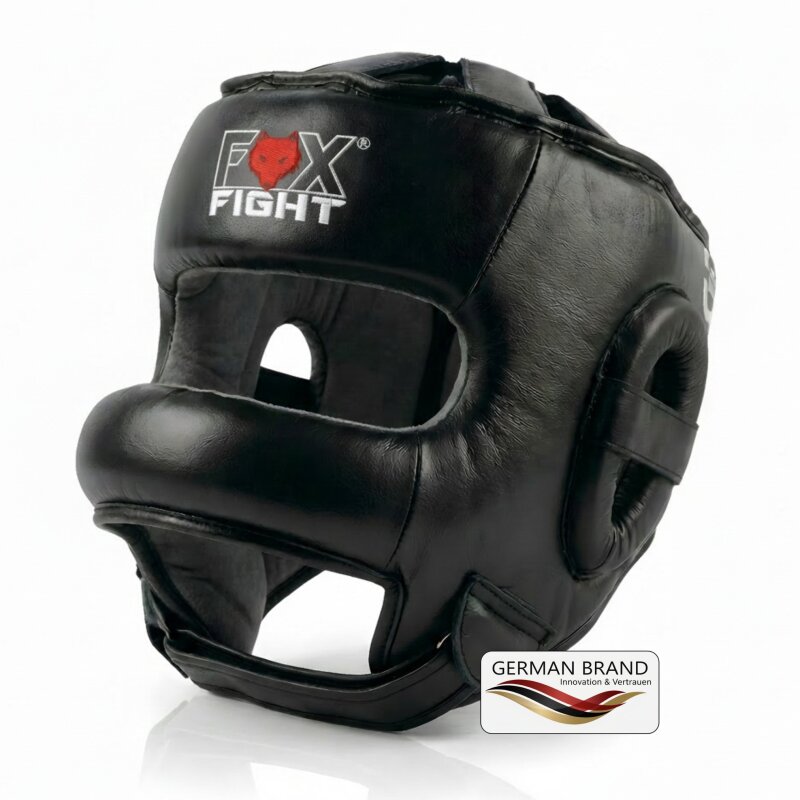 FOX-FIGHT Kopfschutz mit Bügel Nasenschutz aus echtem Leder S / M - schwarz