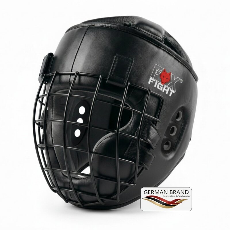 FOX-FIGHT Kopfschutz mit Metallgitterfront aus echtem Leder L / XL - schwarz
