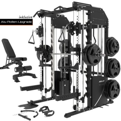 XPLON Tower6 Kraftstation Multipresse Klimmzugstation inkl. 180kg Steckgewichte Ø30mm / 50mm | Übersetzungsverhältnis 2:1 & 1:1 + Hantelbank Set