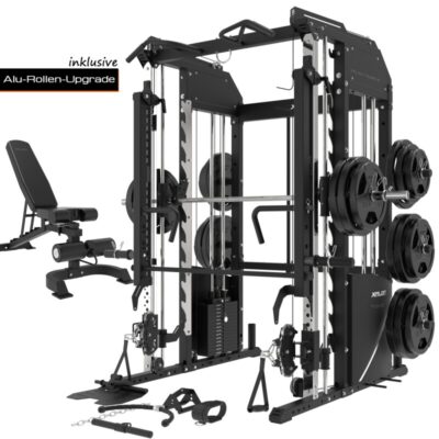 XPLON Tower6 Kraftstation Multipresse Klimmzugstation inkl. 180kg Steckgewichte Ø30mm / 50mm | Übersetzungsverhältnis 2:1 & 1:1 + Jammer Arms + Hantelbank Set