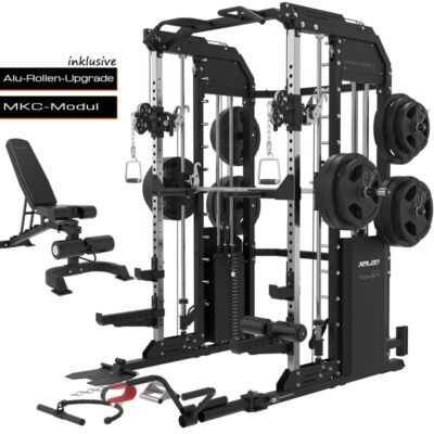 XPLON Tower7 PLUS Kraftstation Multipresse Klimmzugstation inkl. 240kg Steckgewichte mit Hantelbank Ø30mm / 50mm
