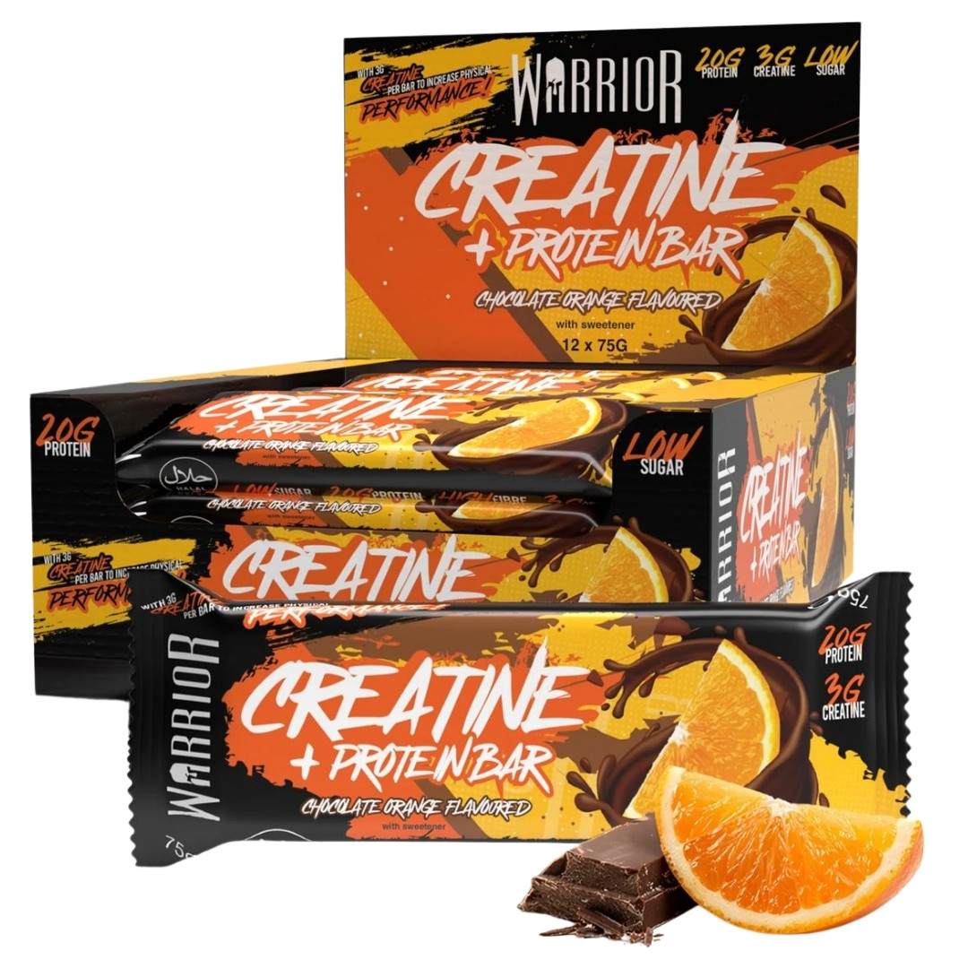 Warrior Creatine + Protein Bar - 12x75g Riegel im Karton (MHD-Ware) Chocolate Orange (MHD: 30/08/2026)